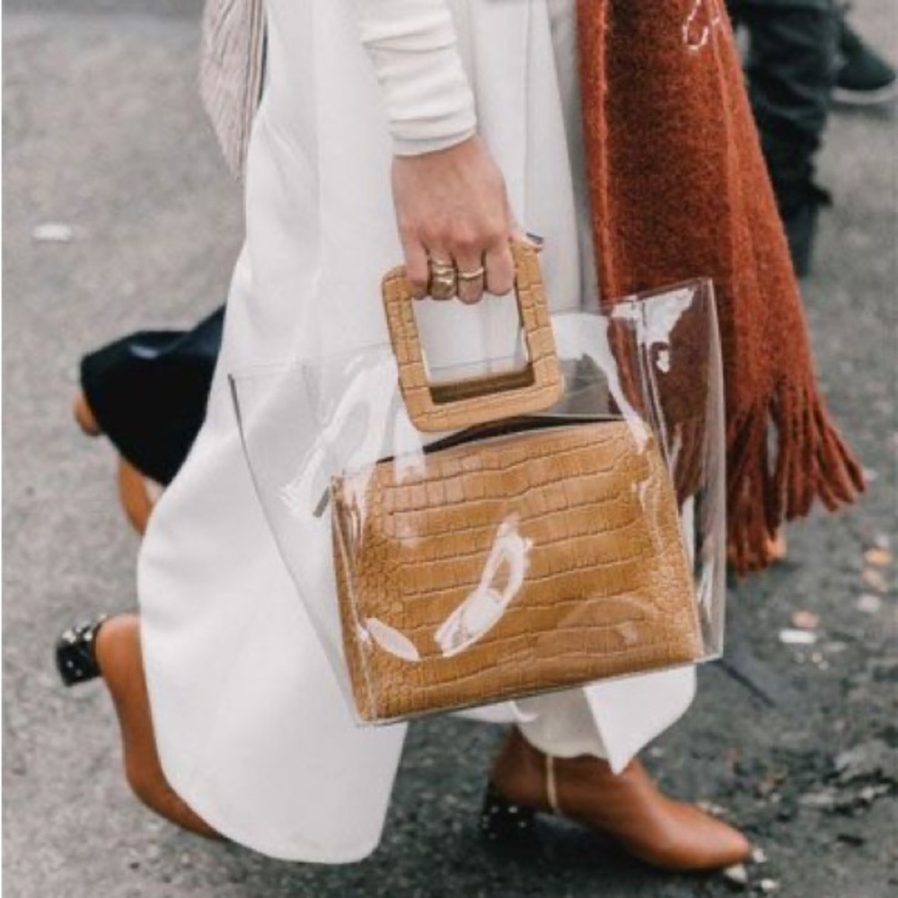 STAUD Classic Tan Croc Embossed Tote Bag